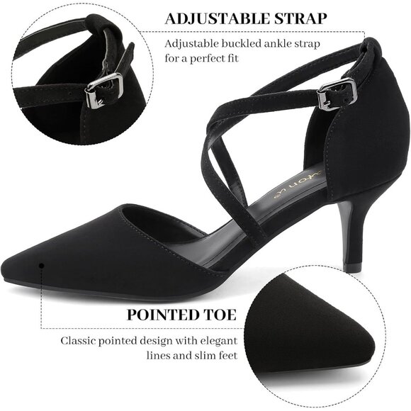 Women's Black Suede Polyurethane Pointed Toe Cross Strap Low Kitten Heel Pumps - Picture 3 of 6